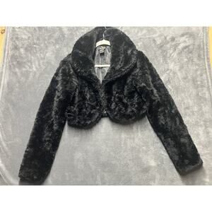 Wet Seal Bolero Crop Jacket Woman’s L Black Faux Fur Mob Wife Glam Rave Y2K Soft